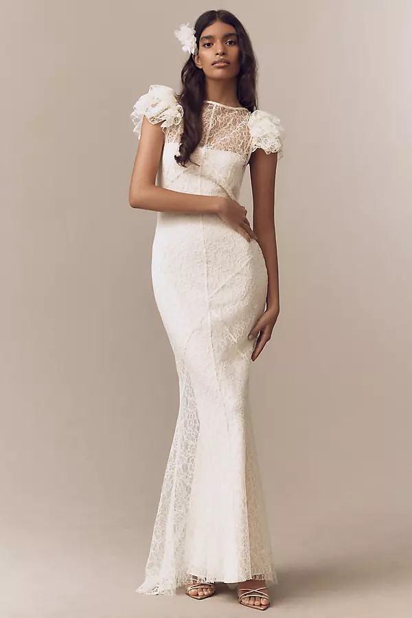 Nephele Lace Flutter-Sleeve Fishtail Maxi Dress | Anthropologie (US)