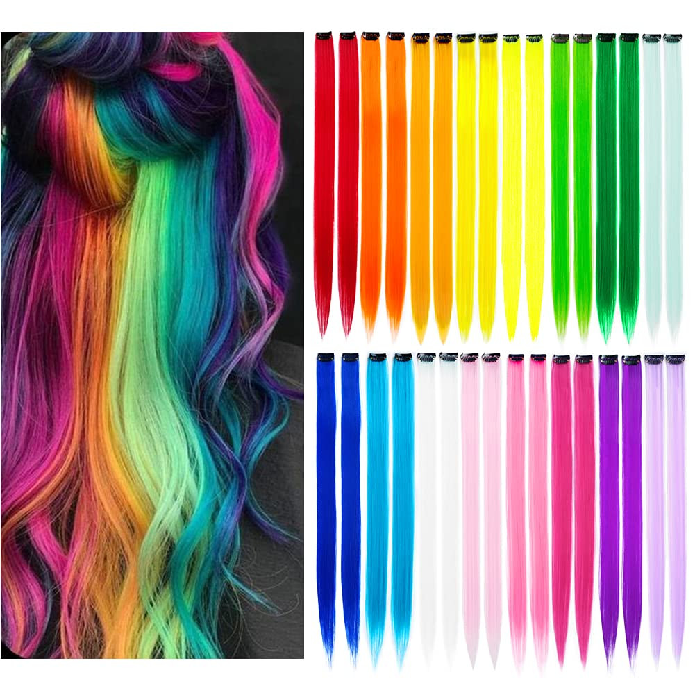 32Packs Colored Hair Extensions 20Inch Straight Color Clip in on Hair Extension Rainbow Party Hig... | Amazon (US)