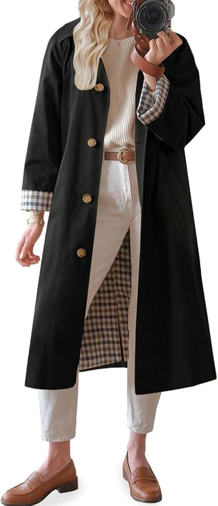 TITOMD Long Trench Coat Single Breasted Check Lining Classic Collar Fall Overcoat Fashion Outerwe... | Amazon (US)