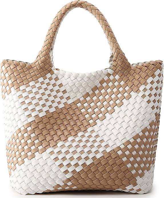 Woven Bag for Women, Vegan Leather Tote Bag Large Summer Beach Travel Handbag and Purse Retro Han... | Amazon (US)