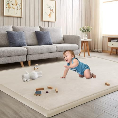 ILPEOD Baby Play Mat for Floor Tummy Time Mat Nursery Rug Muscle Mat Area Rug Playroom Rug Tatami Mat 9'2"x6'7" Memory Foam 1.3" Thick Crawling Mat for Babies,Toddlers, Infants, Kids,Floor Mat(Beige) | Amazon (US)