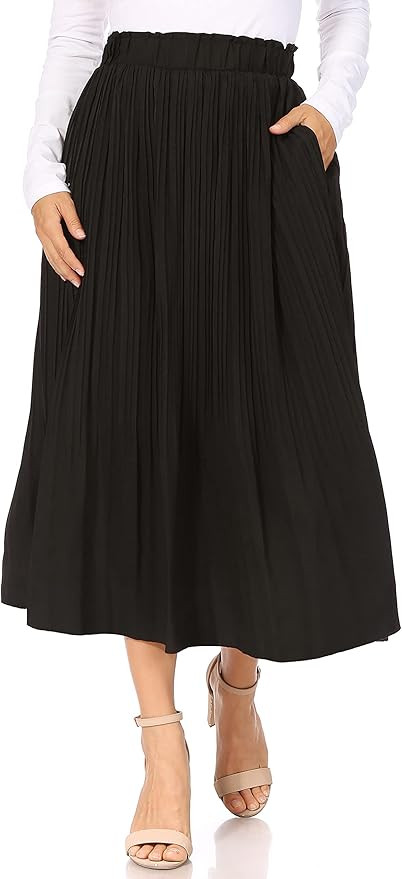 Pleated Midi Skirts for Women with Pockets, Elastic High Waisted Skirt Reg & Plus Size Womens Sum... | Amazon (US)