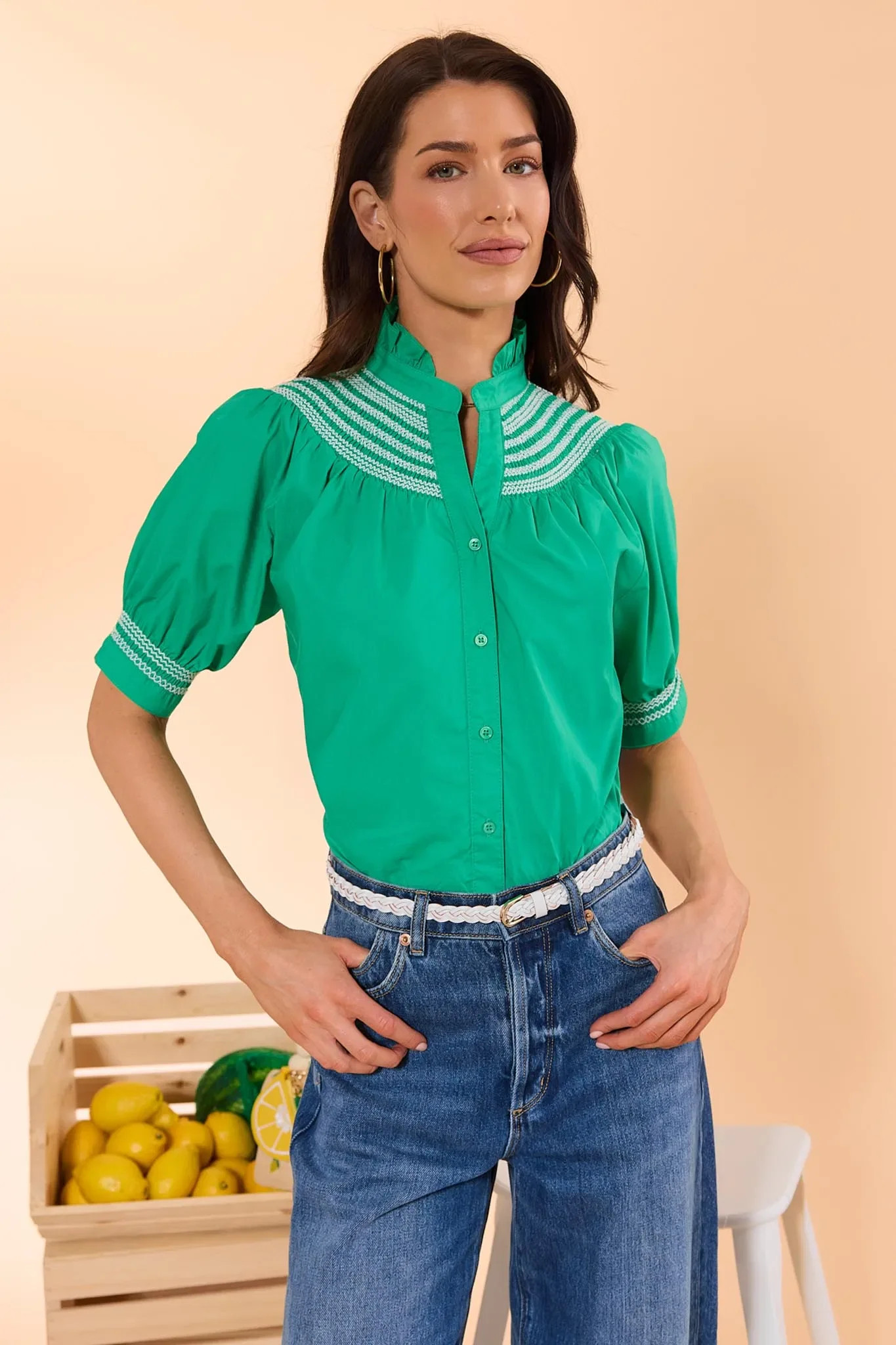 Yvonne Green Embroidered Button Up Top | Avara