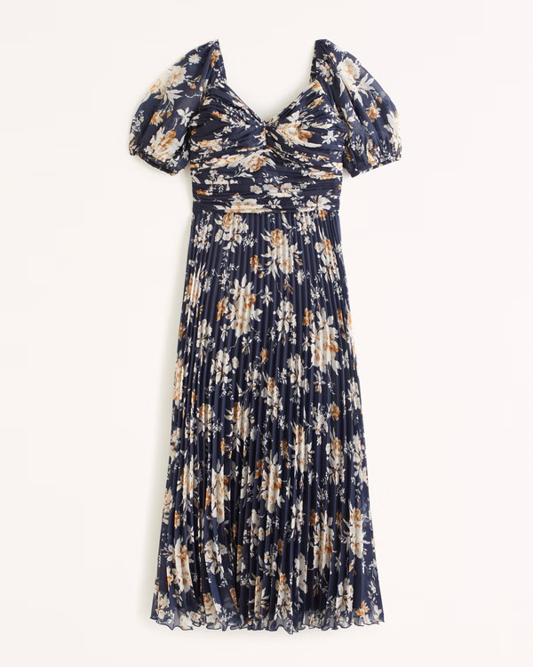 Women's Puff Sleeve Pleated Midi Dress | Women's Dresses & Jumpsuits | Abercrombie.com | Abercrombie & Fitch (US)