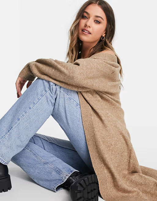 ASOS DESIGN fluffy maxi cardi with volume sleeve in camel | ASOS (Global)
