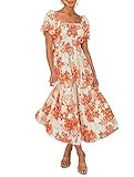 ZESICA Women's Summer Boho Floral Print Square Neck Ruffle Swing Beach Long Maxi Dress | Amazon (US)