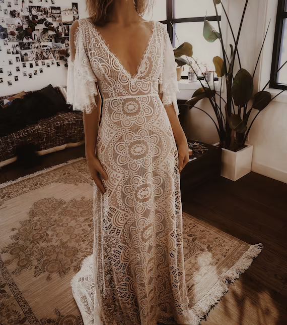 Bohemian Elopement Wedding Dress  Unique Vintage Lace Dress  | Etsy | Etsy (US)