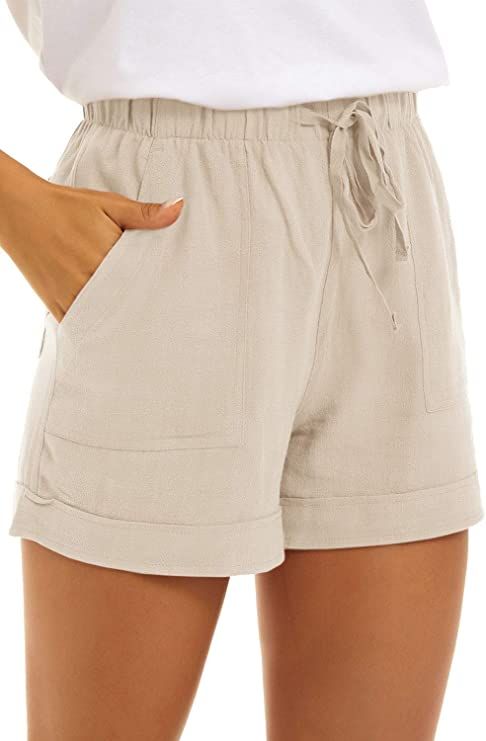 GOLDPKF Womens Drawstring Casual Summer Elastic Waist Shorts Cotton Linen with Pockets | Amazon (US)