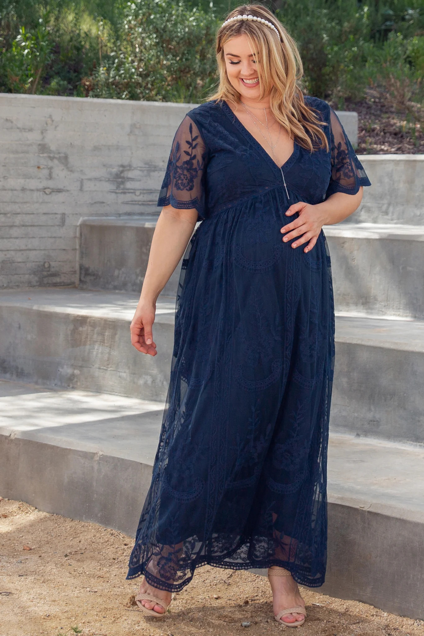 PinkBlush Navy Lace Mesh Overlay Plus Maternity Maxi Dress | PinkBlush Maternity