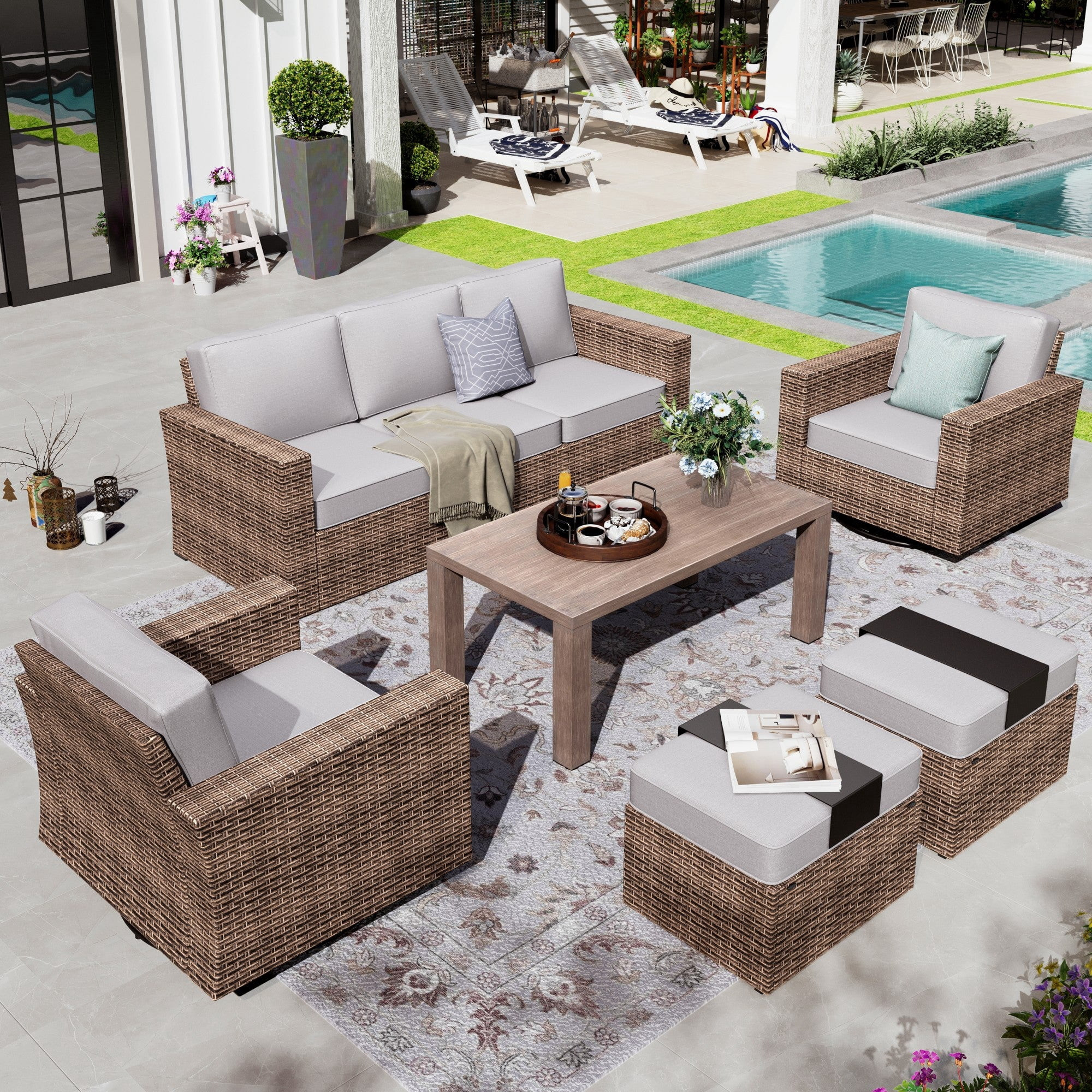 Sophia & William 6 Pieces Patio Furniture Set Spacious 7-Seat Wicker Set with Swivel Chairs and 5... | Walmart (US)