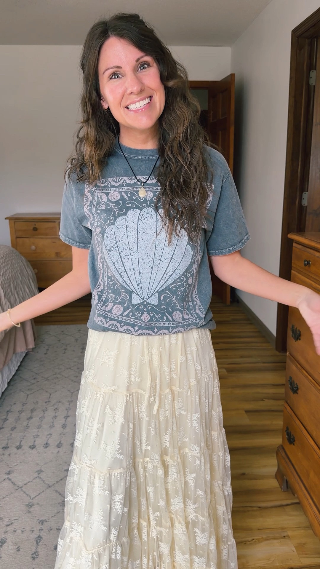 This shell tee is so fun! 🐚 definitely bringing it to Florida next month. Use MARISSA20 for $$$ off!☀️ I styled it boho chic with a lace skirt and tall boots. 

tee: small 
Skirt: xs (also linked similar)
Sneakers: 6.5



#LTKgrwm #LTKPetite #LTKstorytime