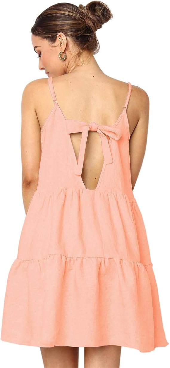 LOMON Spaghetti Strap Dress for Women Pleated Swing Dress Backless Casual Mini Dress | Amazon (US)
