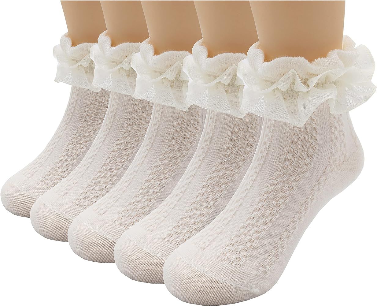 Little Girls Ruffle Lace Trim Cotton Socks Baby Girl Eyelet Frilly Dress Socks(1-9T) | Amazon (US)