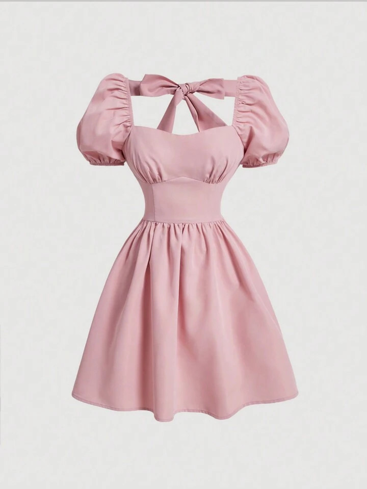 SHEIN MOD Pink Solid Color Back Bow Tie Decor Ladies' Dress | SHEIN