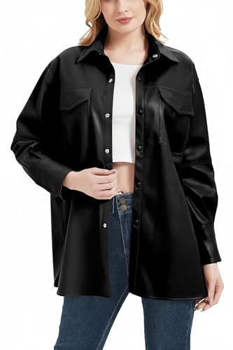 RISISSIDA Women Faux Leather Shacket Jacket Spring Fall Vegan Pleather Casual Lapel Button Down Long Sleeve Shirts,Black,XXL | Amazon (US)