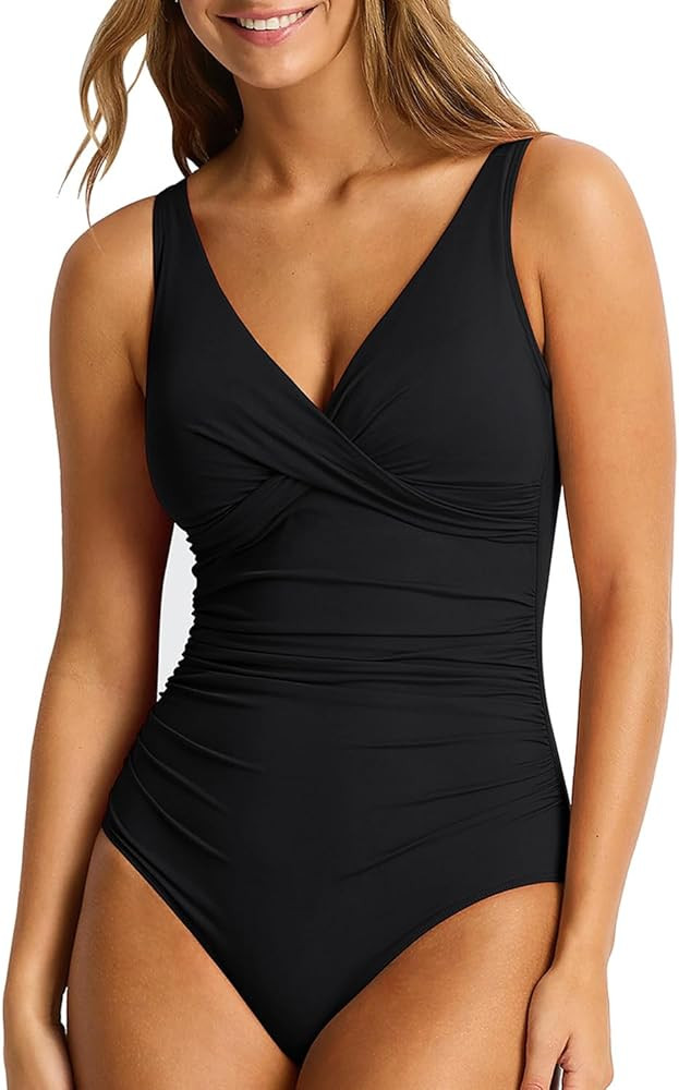 ESONLAR Women's Twist V Neck One Piece Swimsuit Tummy Control Ruched Slimming Bathing Suit Push U... | Amazon (US)
