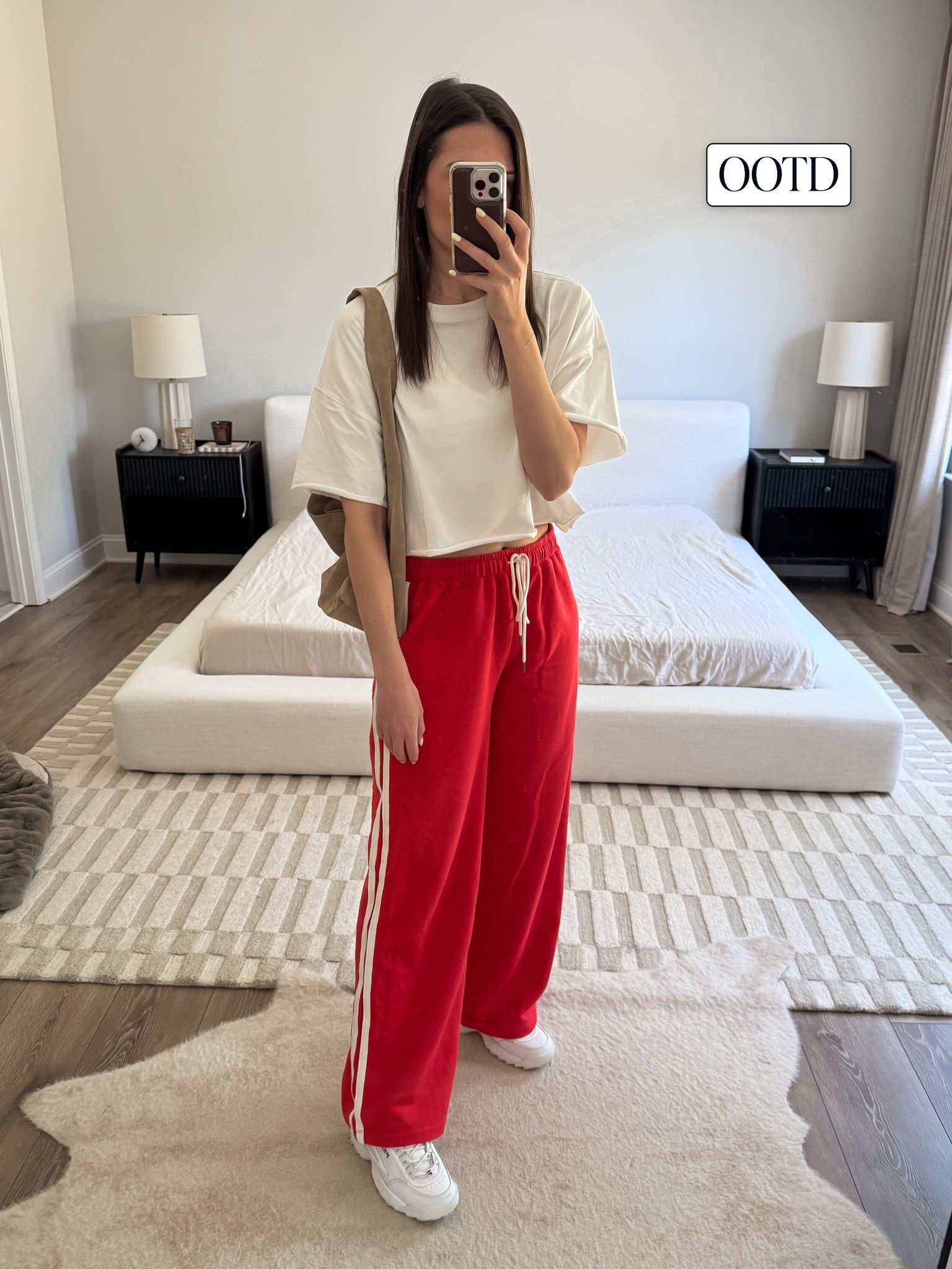 Errands OOTD - simple white tee, slouchy suede bag, red striped track pants (sold out but linking similar)

#LTKootd