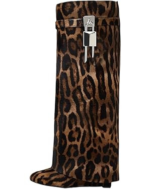 keleimusi Fold Over Wedge Boots Heeled PadLock Pant Knee High Shoes Tall/Short Booties in Black | Amazon (US)