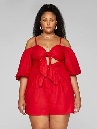 Jerrika Puff Sleeve Linen Romper - Fashion To Figure | Fashion To Figure