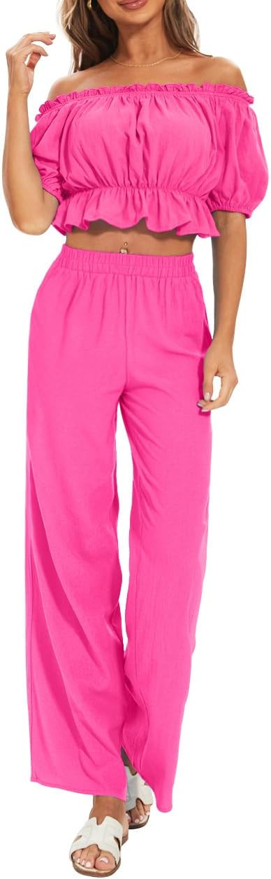 FANCYINN Women's Summer Two Pieces Outfit Off Shoulder Balloon Sleeves Ruffle Crop Top and Wide L... | Amazon (US)