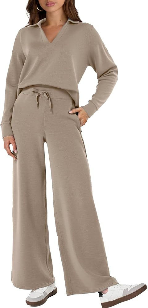 Glamaker Women's 2 Piece Sets Outfits Casual Long Sleeve Sweatsuits Polo Top and Wide Leg Pants M... | Amazon (US)