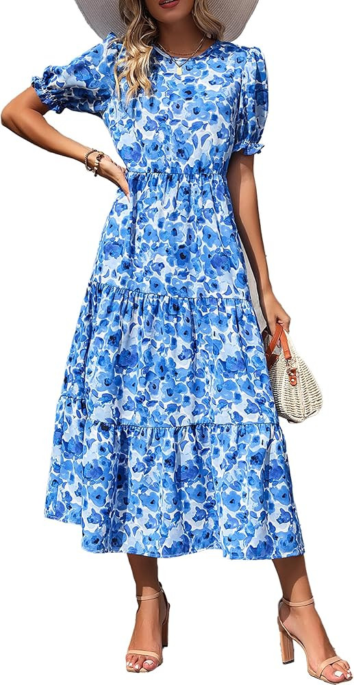 PRETTYGARDEN Women's Summer Casual Boho Dress Floral Print Ruffle Puff Sleeve High Waist Midi Bea... | Amazon (US)