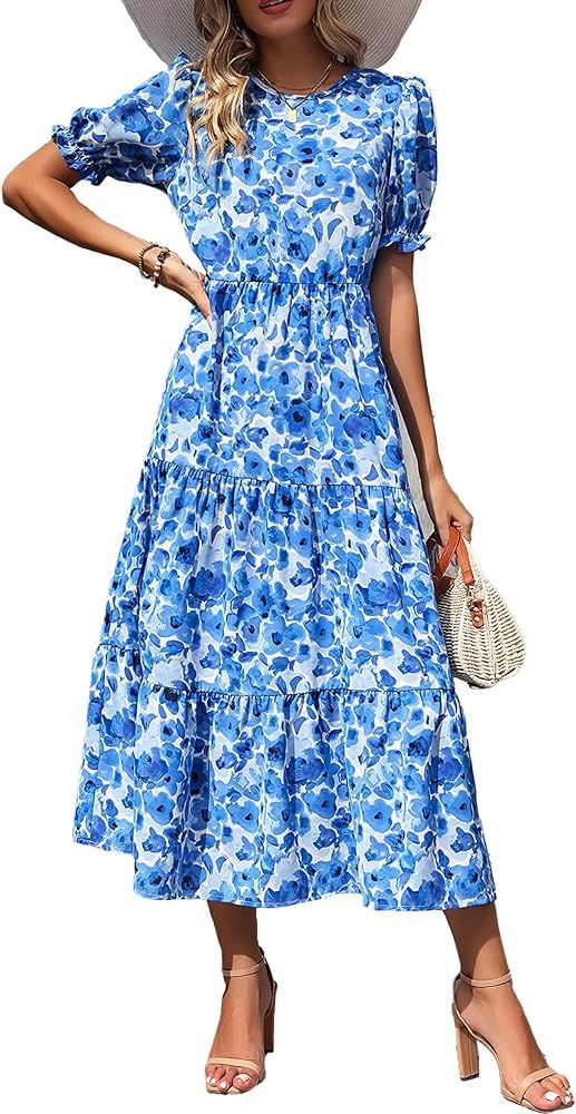 Pretty Garden Womens Summer Casual Boho Dress Floral Print Ruffle Puff Sleeve High Waist Midi | Amazon (US)