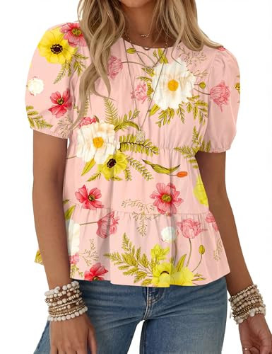 Rapbin Womens Puff Short Sleeve Babydoll Tops Summer Peplum Pleated Cotton T Shirts Casual Loose ... | Amazon (US)