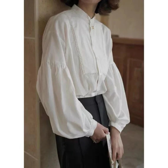 White Lantern Sleeve Blouse Vintage Shirt Cotton Silk | Etsy | Etsy (US)