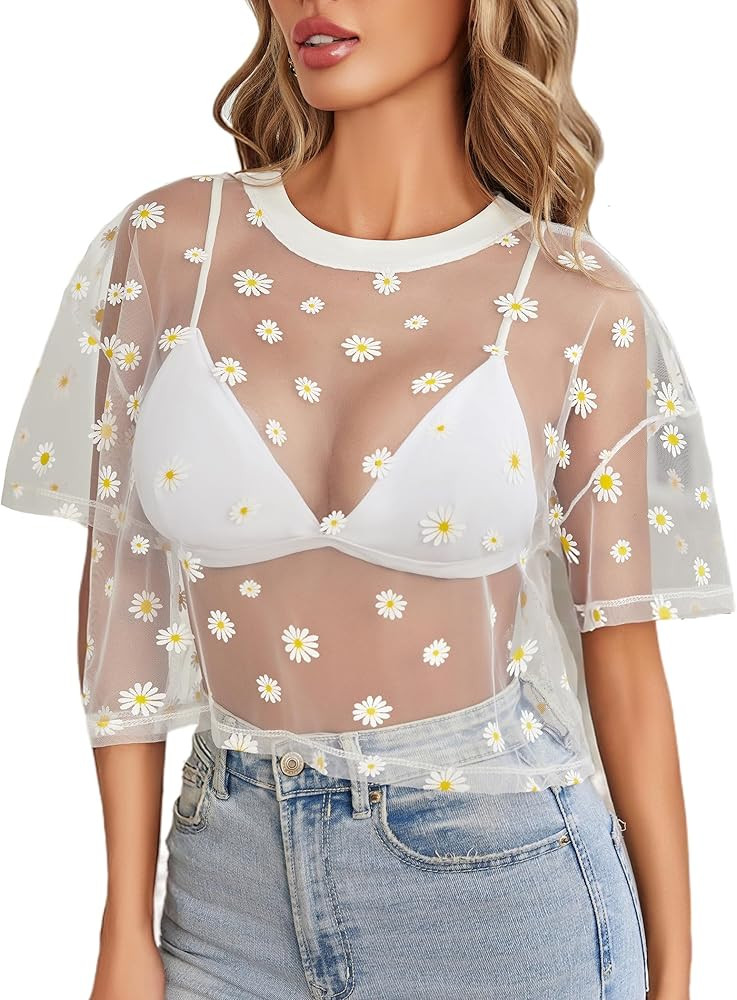 Avidlove Women's Mesh Tops See Through Shirts Short Sleeve Printed Crop Top Sheer Blouse Clubwear... | Amazon (US)
