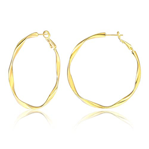 Big Hoop Earrings for Women,14K Gold Plated Twisted Large Hoops Earrings for Women Girls 50mm | Amazon (US)