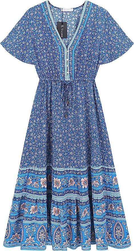 R.Vivimos Womens Summer Floral Print Cotton Short Sleeve Flowy Dress | Amazon (US)