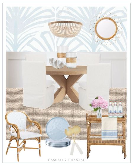 Coastal Dining Room design! The 8’ square rug would be perfect with this table size! 
- 
Coastal home, coastal dining room, coastal style, Amazon home decor, round dining table, 60” dining table, coastal dining chairs, artificial hydrangeas, Amazon pink hydrangeas, Amazon hydrangeas, clam shell bowl, dining table decor, Amazon salad servers, gold salad servers, Amazon ceramic plates, salad plates, rattan dining chair, chunky wool jute rug, coastal rug, natural rug, dining room rug, pottery barn rug, coastal wallpaper, blue wallpaper, palm wallpaper, Amazon chandelier, beaded chandelier, pottery barn look for less, coastal chandelier, rattan bar cart, south seas side cart, Serena & Lilly bar cart, linen towel, woven rattan & glass hurricane candleholder, coastal mirror, white dining chairs, upholstered dining chairs, linen dining chair, farmhouse round dining table, extendable dining table, light wood dining table, blue & white wallpaper, affordable dining chairs, dining room furniture, round mirrors, dining room decor

#LTKFindsUnder100 #LTKFindsUnder50 #LTKHome