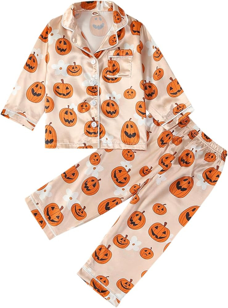 Halloween Pajamas for Toddler Girls Boys Pumpkin Silk Pajamas Long Sleeve Button-Down Tops Pants ... | Amazon (US)