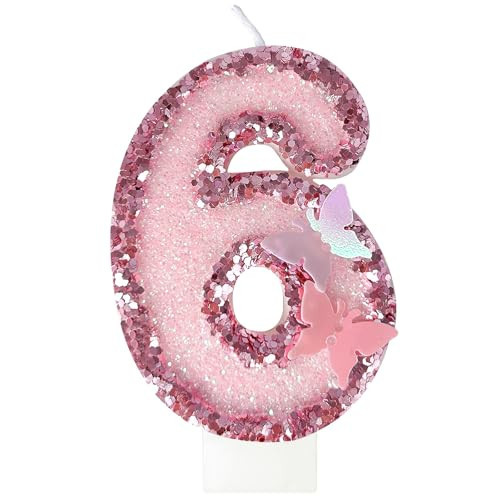 JonesLi 6th Birthday Candles，Glitter Butterfly Cake Toppers Pink Sequins Wedding Numeral Cupcake Decorations，Suitable for Girl and boy Wedding Cakes, Party Celebrations, Birthday Decorations | Amazon (US)
