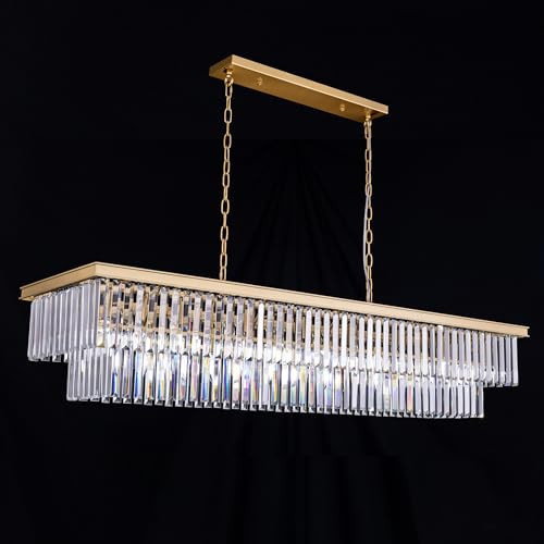 Wellmet Gold Chandelier 57 inch, 13-Light Modern Rectangular Crystal Chandelier Ceiling Hanging, Linear Chandeliers Light Fixture for Living Room, Dining Room, Bedroom, Kitchen Island | Amazon (US)