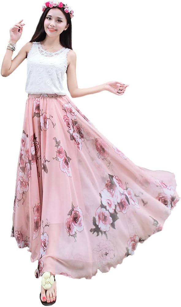 MedeShe Women's Chiffon Floral Print Elasticated Waist Maxi Skirt | Amazon (US)