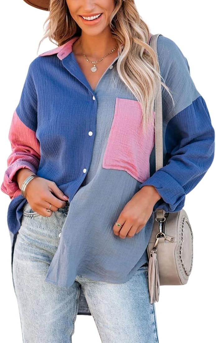 CHARTOU Women's Oversized Color Block Button Down Shirt Drop Long Sleeve Shirt Blouse | Amazon (US)