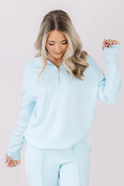 TWT Lux Collection Light Blue Piping Half Zip Long Sleeve Top | The Willow Tree