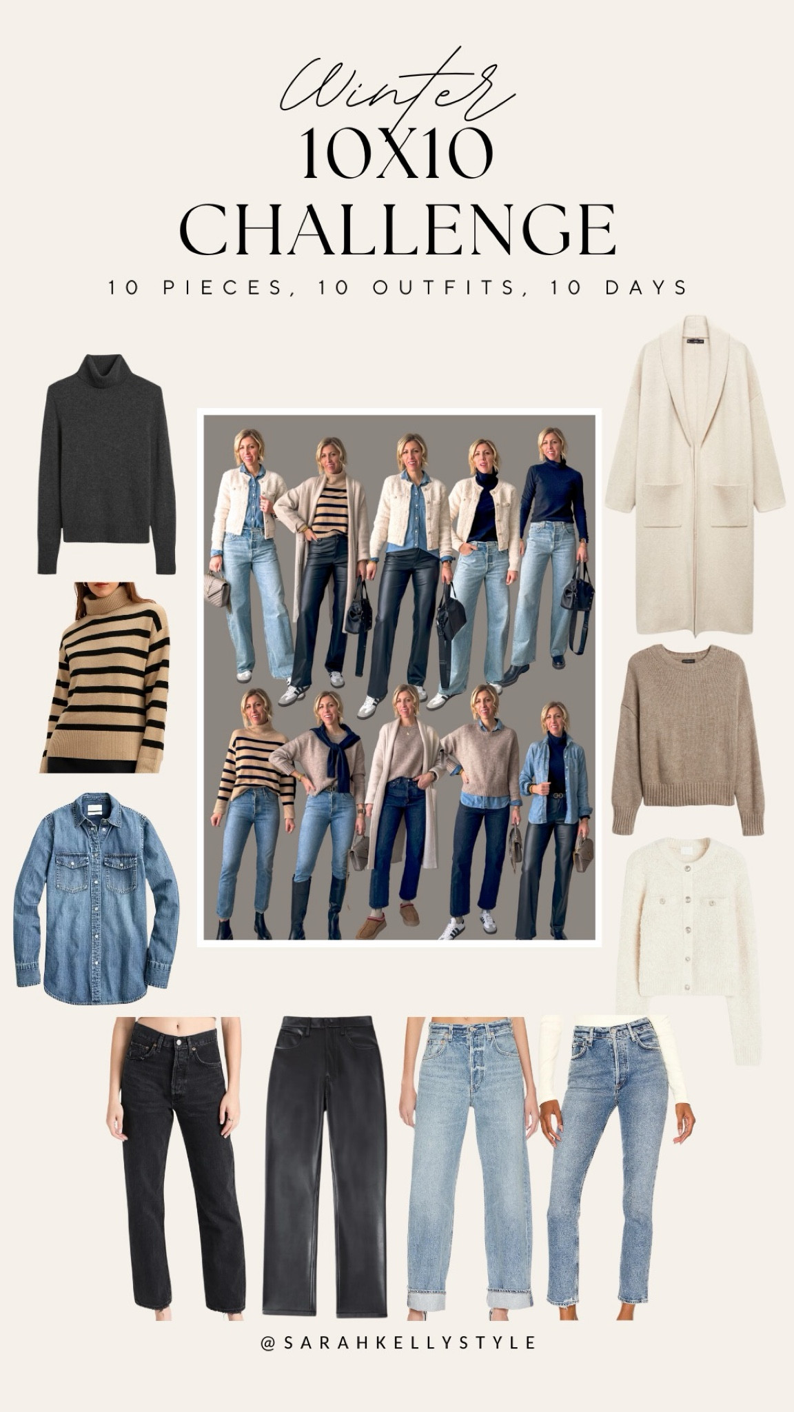 Winter 10x10 Challenge - 10 pieces, 10 outfits, 10 days - Wide Leg Jeans, High Rise Straight Jeans, Vegan Leather Straight Pants, Bouclé Cardigan, Oversized Wool-Cotton Sweater, Lightweight Cashmere Turtleneck Sweater, Mid Rise Straight Jeans, Stripe Sweater, Oversized Knitted Coat, Chambray Shirt

#LTKover40 #LTKSeasonal #LTKstyletip