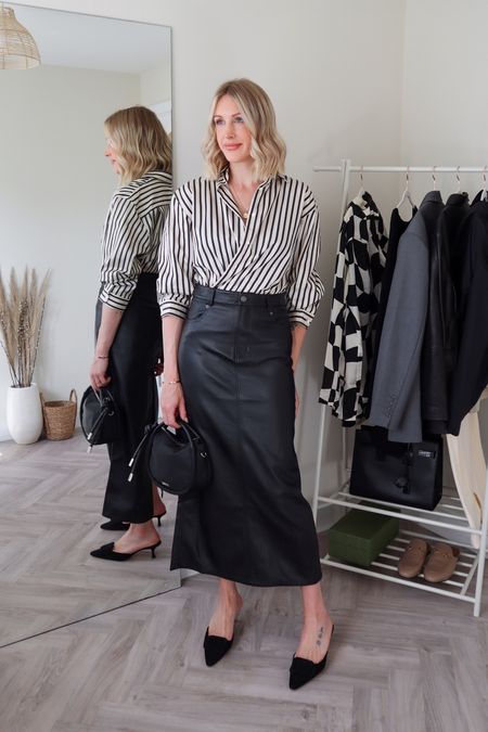 Leather skirt - black maxi skirt - striped shirt - poplin shirt - monochrome outfit - workwear - office outfit - autumn fashion - fall outfit 

Get 15% off my ganni knit handbag at Coggles with code CB15

#LTKitbag #LTKworkwear #LTKSeasonal