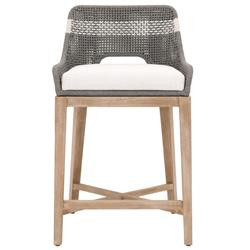 Theodore Coastal Beach Grey Woven White Upholstered Brown Mahogany Wood Frame Counter Stool | Kathy Kuo Home