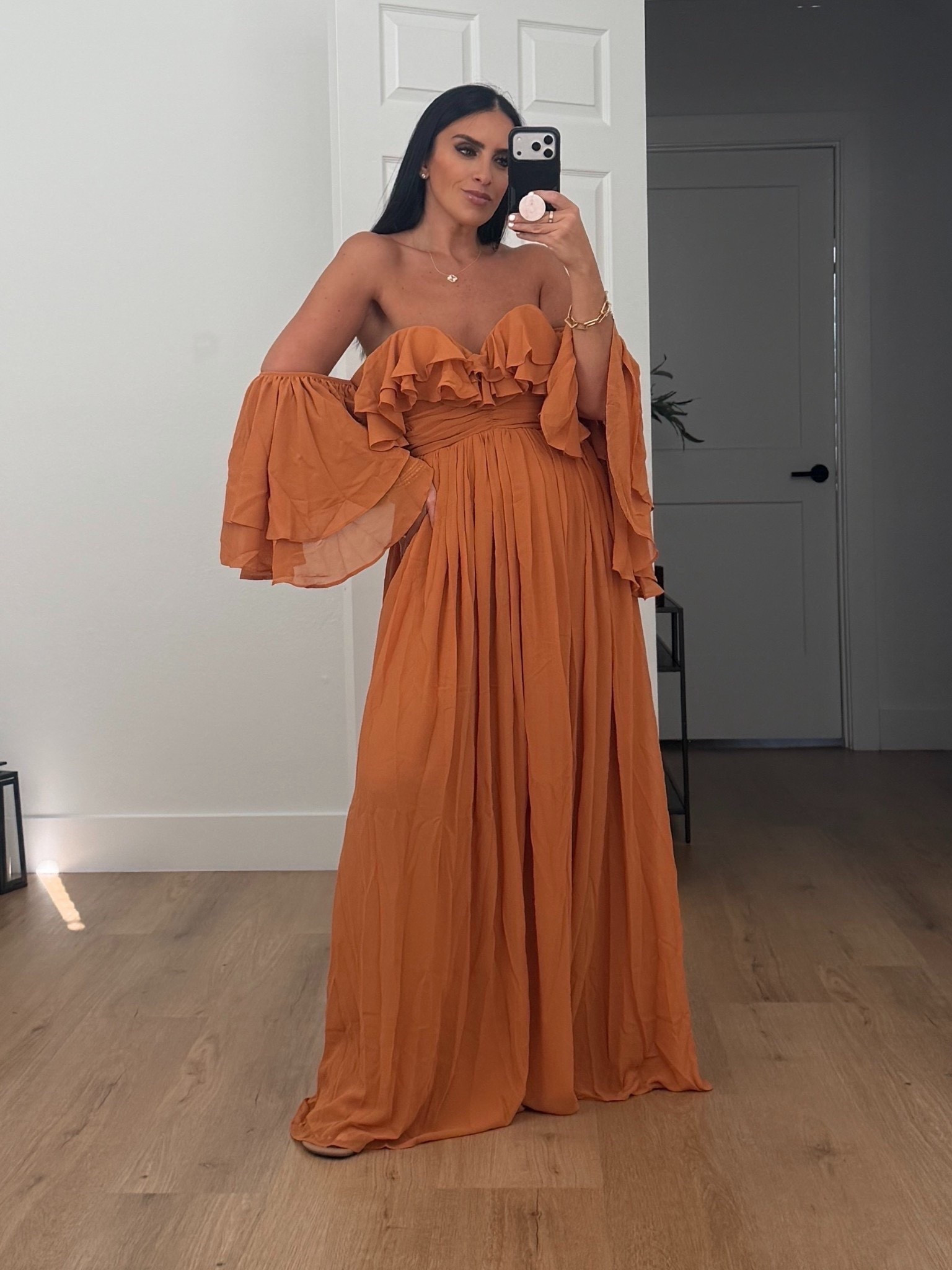 Miss Circle Kaela Off Shoulder Chiffon Maxi Dress wearing size small. 