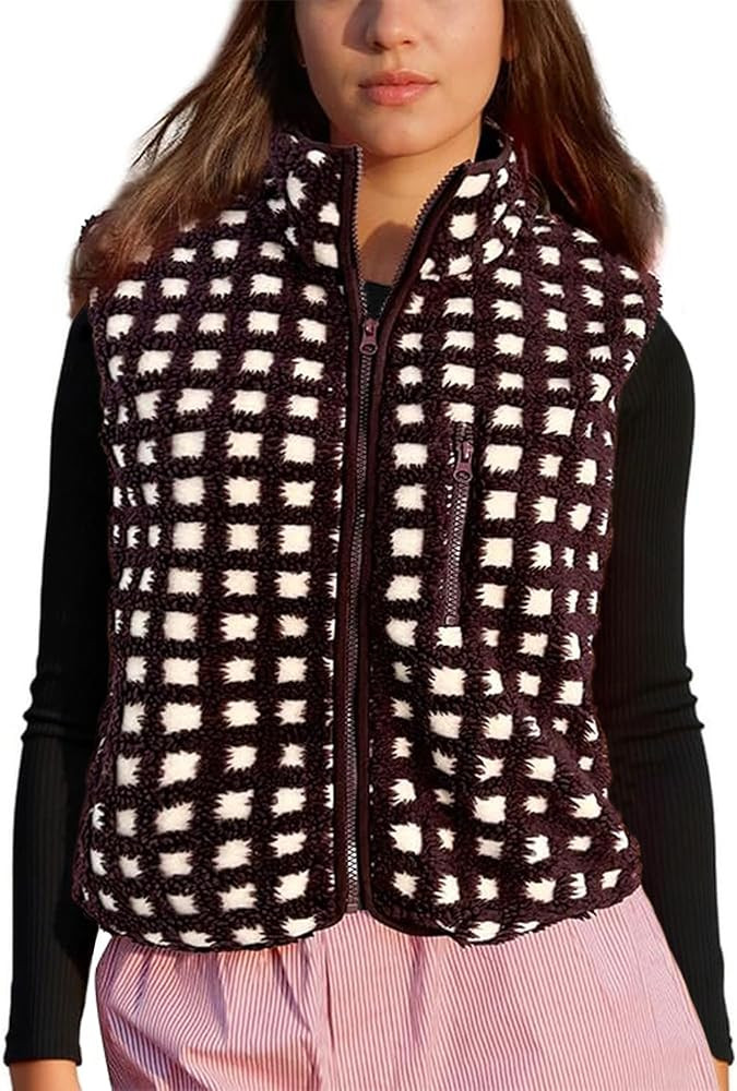 Colorful world Womens Checkered Sherpa Vest Fleece Jacket Lightweight Zip Up Sleeveless Crochet P... | Amazon (US)