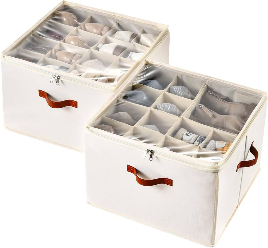 Shoe Organizer for Closet, 2 Pack Foldable Shoe Storage Containers, Fits up to 16-32 Pairs, Adjus... | Amazon (US)