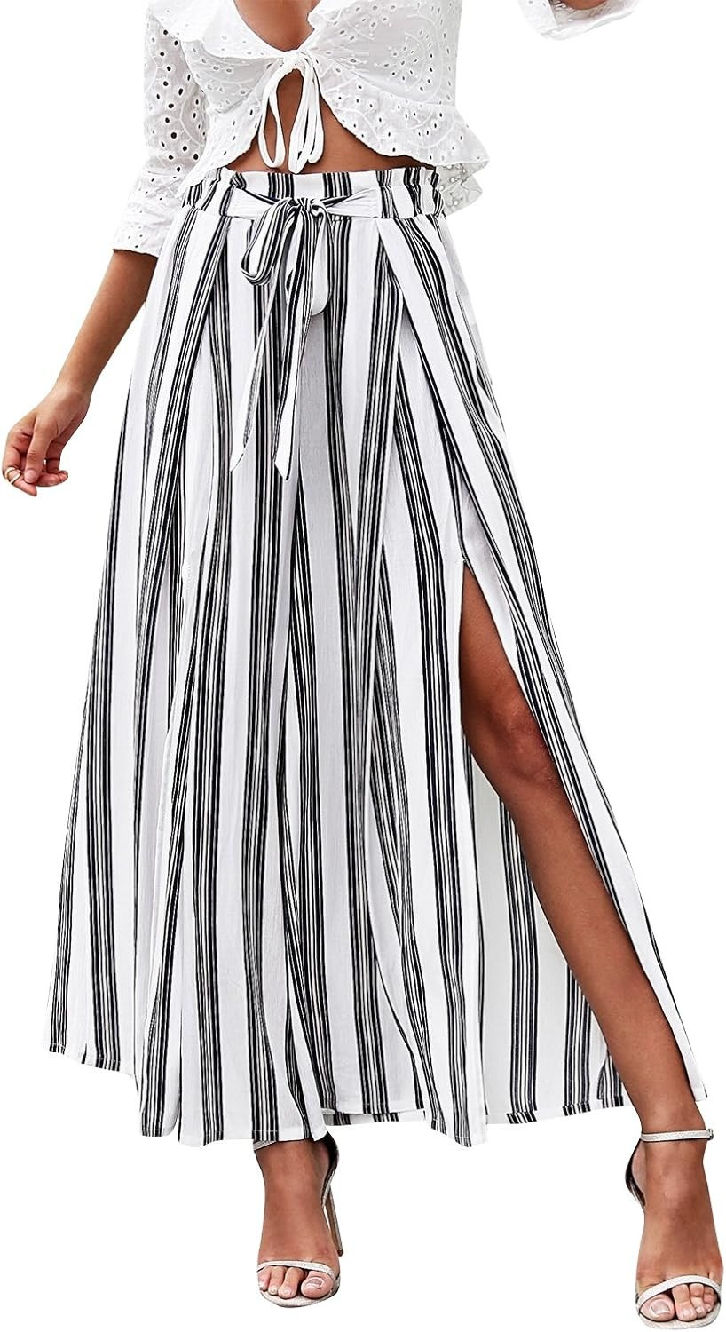 Simplee Women's Elegant Striped Split High Waisted Belted Flowy Wide Leg Pants | Amazon (US)