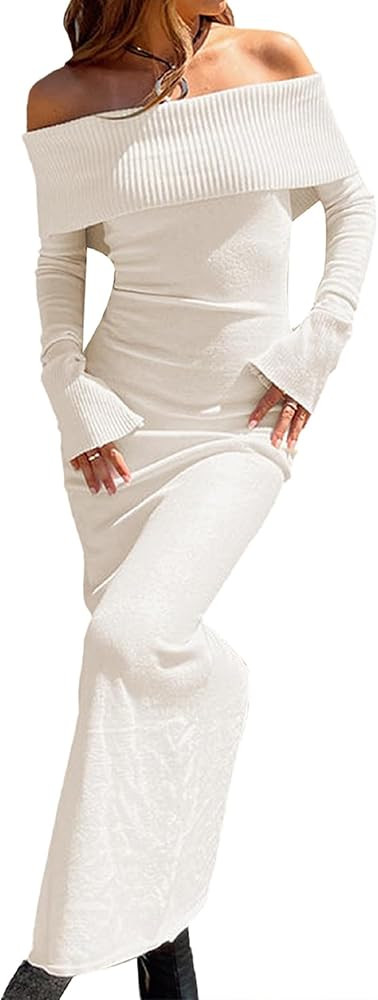 Aonoapll Women Ribbed Off Shoulder Maxi Dress Long Sleeve Knit Bodycon Long Dress Knitted Sweater... | Amazon (US)