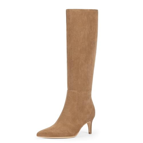 QIY Suede Tan Boots for Women Knee High Boots Pointed Toe Low Kitten Heel Tall Suede Fall Boots Women Long Knee High Boots Size 6 | Amazon (US)
