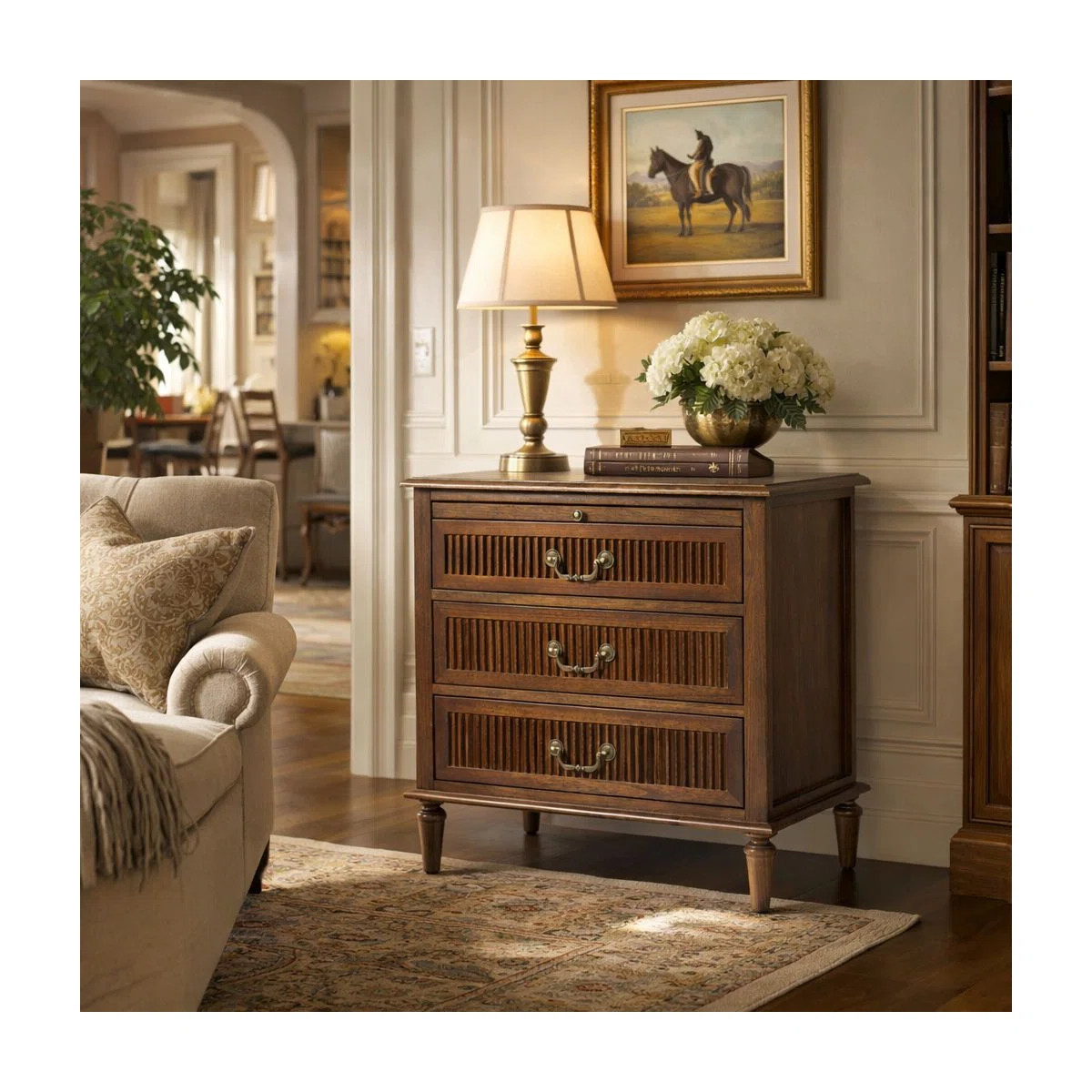 Kaybri Farmhouse 3-Drawer Fluted Solid Wood End Table with Built-In Outlet and Pull-out Tray | Wayfair North America