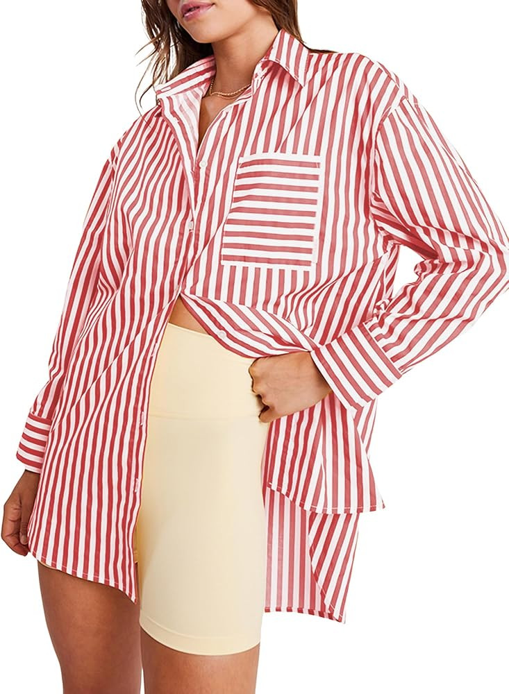 ZAFUL Women's Striped Button Down Shirts Long Sleeve Stylish V Neck Blouses Tops with Pockets | Amazon (US)
